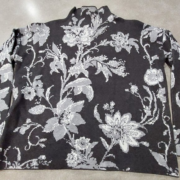 CYNTHIA ROWLEY Funnel Neck Long Sleeves Floral Sweater - Black/Grey/White - Med - Picture 5 of 6